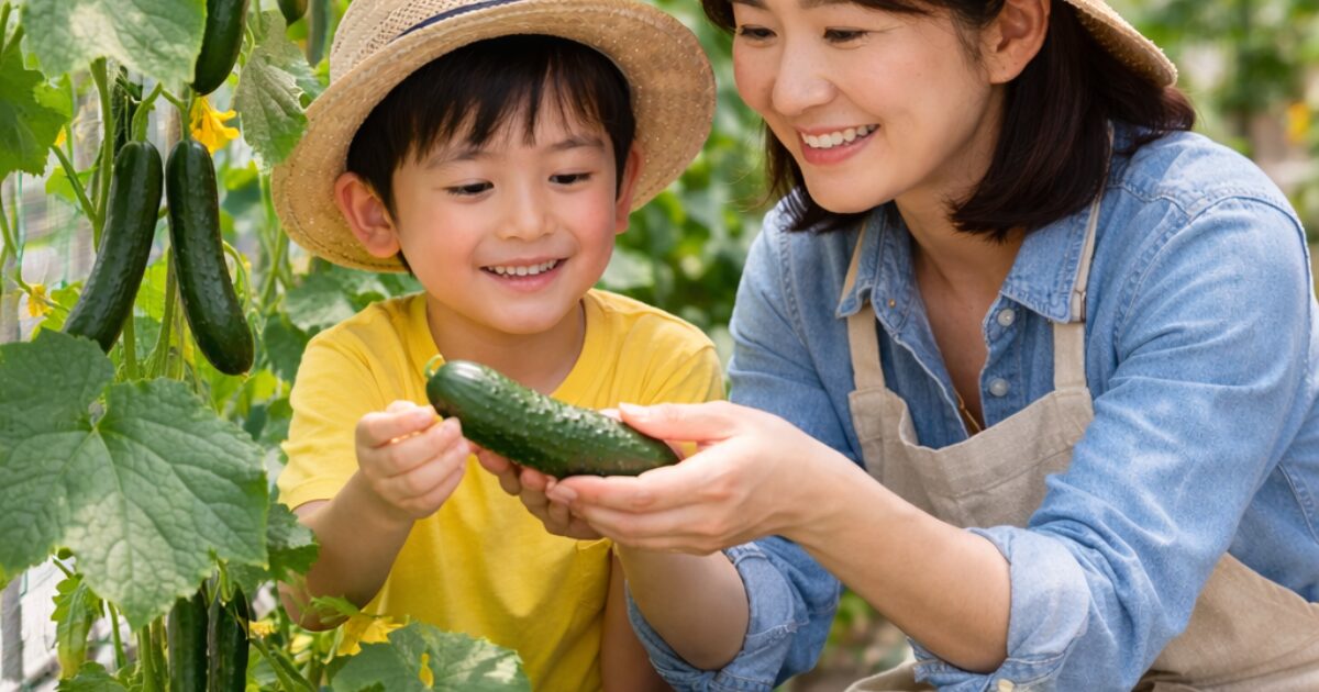 きゅうりを育てている親子のイメージ図