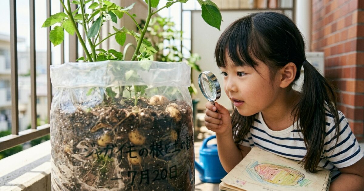 ベランダで袋栽培をしている少女のイメージ図