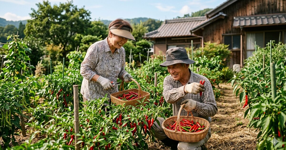 夫婦で家庭菜園で唐辛子を栽培しているイメージ図