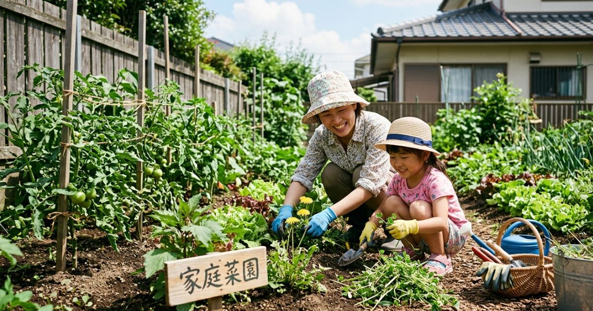家庭菜園の草引きをしている親子のイメージ図