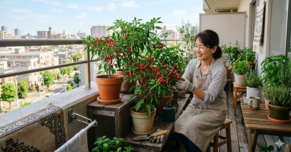 ベランダで唐辛子を栽培している女性のイメージ図