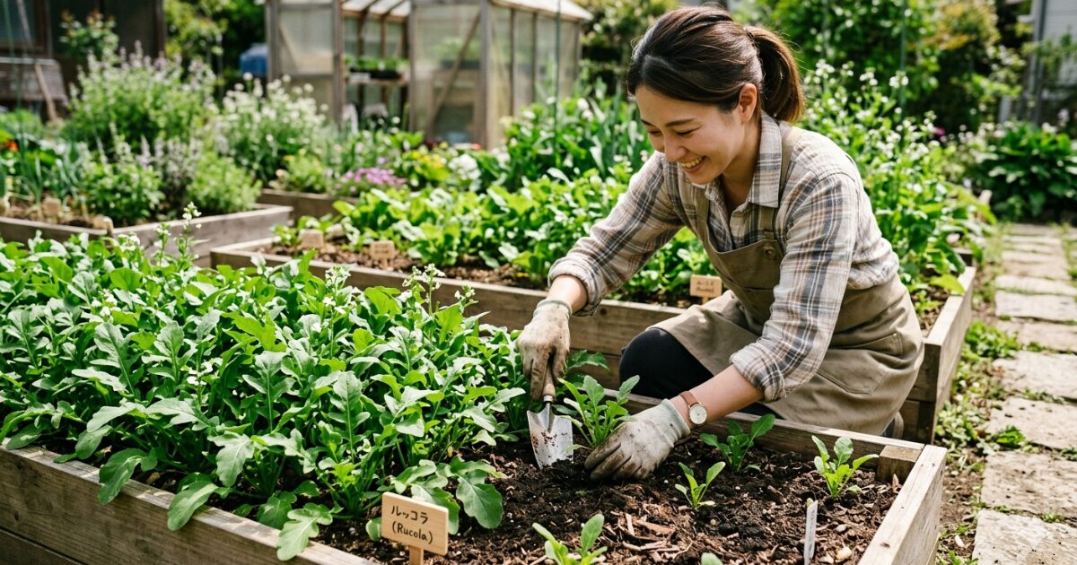 ルッコラを栽培している女性のイメージ図