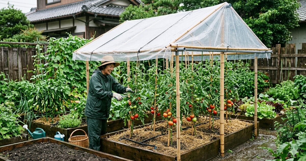 家庭菜園で雨よけの必要性と効果的な設置術のイメージ図