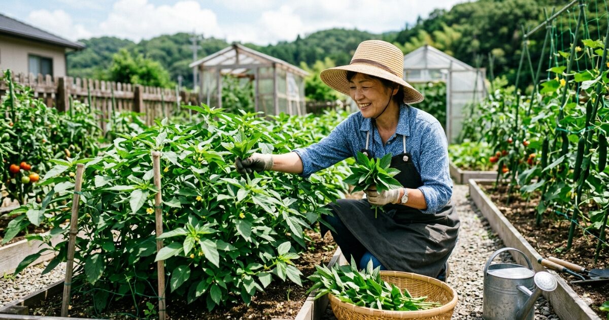 モロヘイヤを栽培している女性のイメージ図