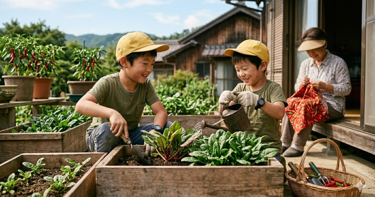 兄弟がほうれん草を庭の大きなプランターで栽培しているイメージ図