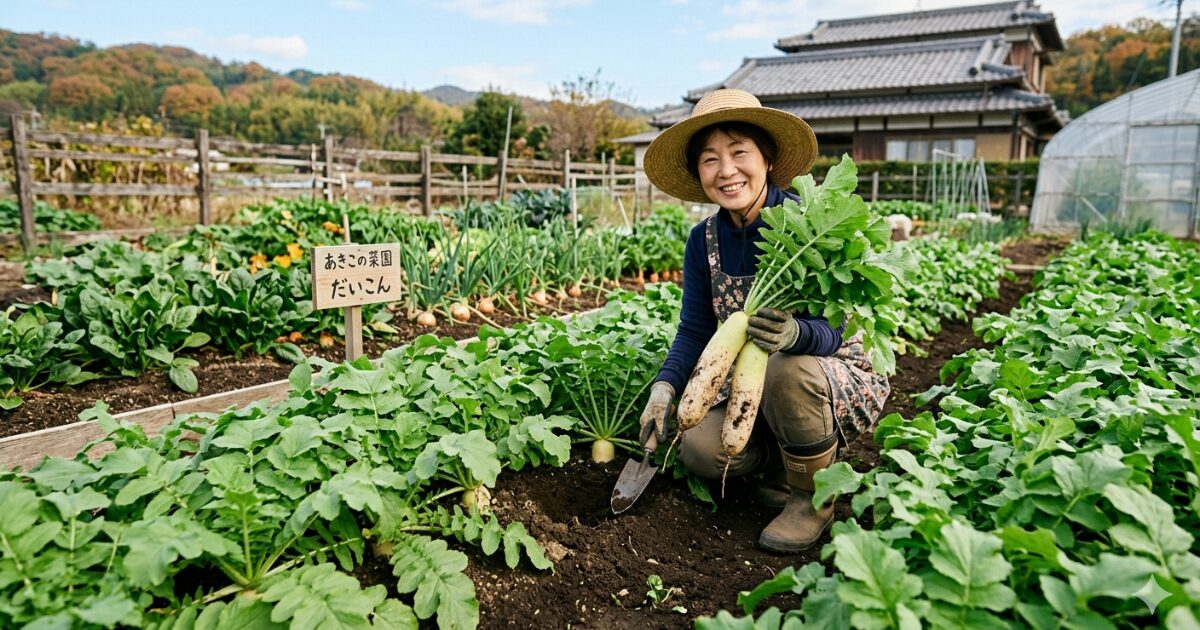 大根を育てている女性のイメージ図