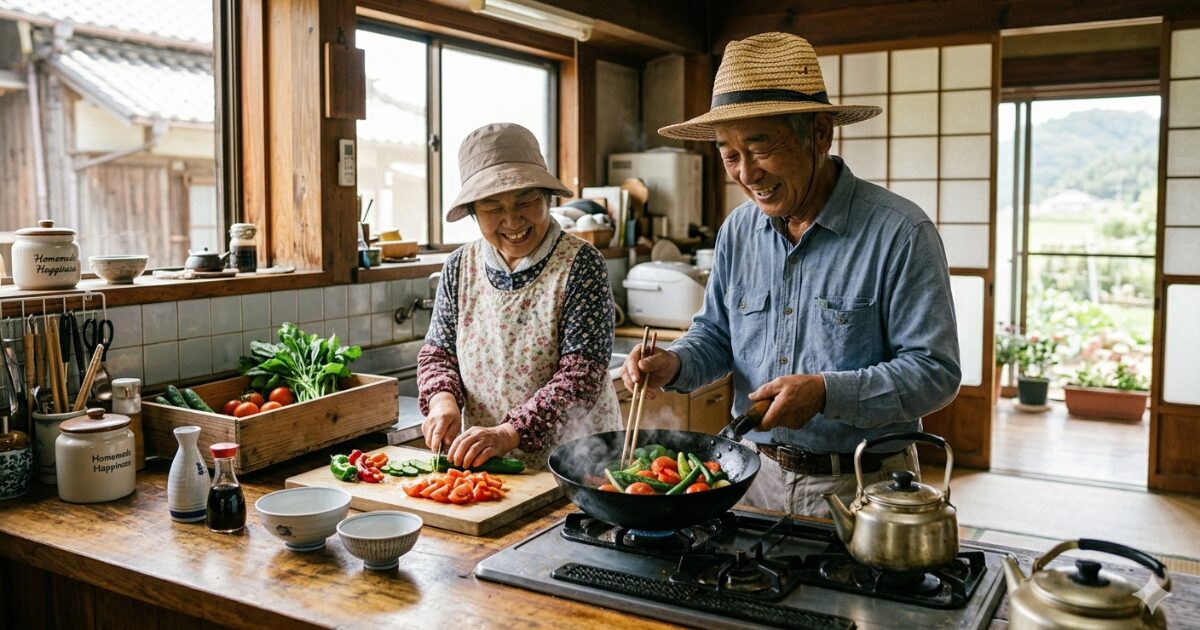 家庭菜園で育てた野菜を料理している夫婦のイメージ図