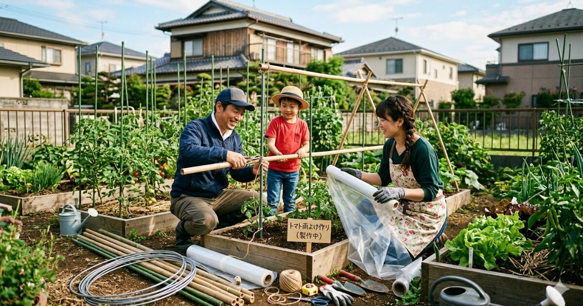 家庭菜園で雨よけしている家族のイメージ図