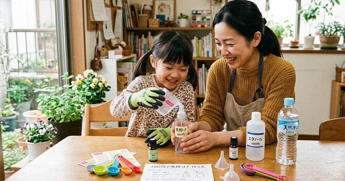 虫よけスプレーを作成している親子のイメージ図