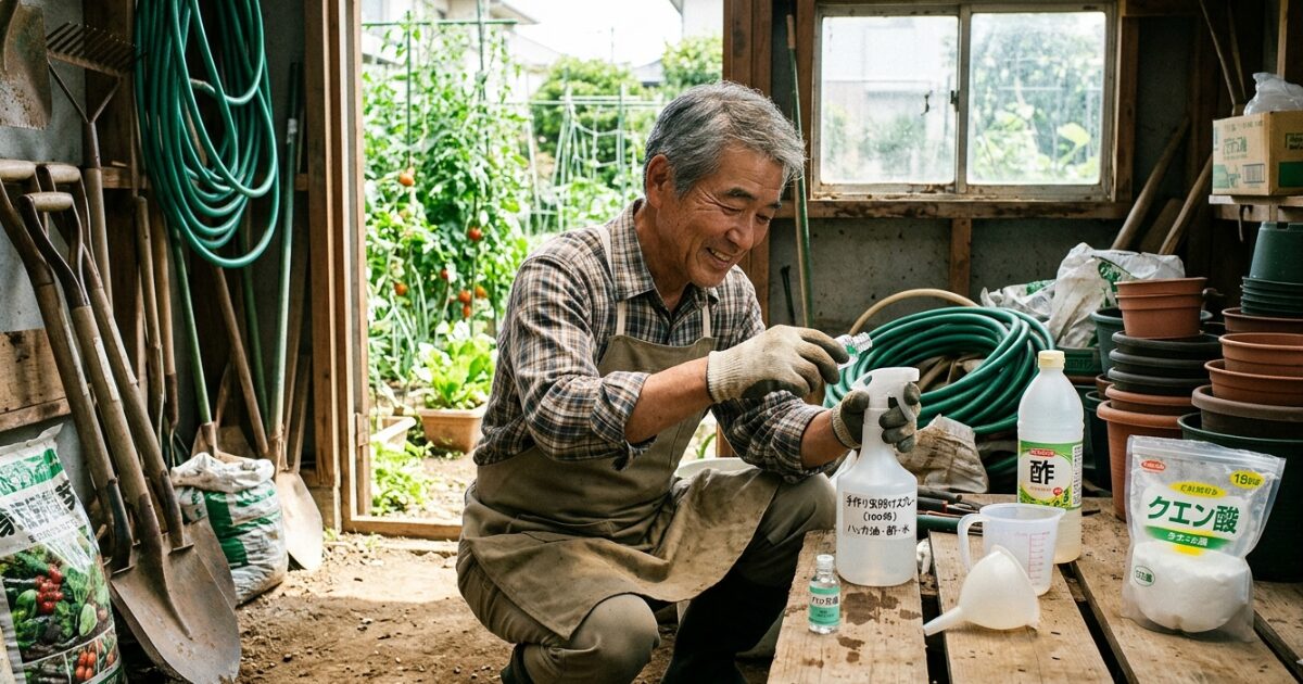 虫よけスプレーを倉庫で作成しているおじさんのイメージ図