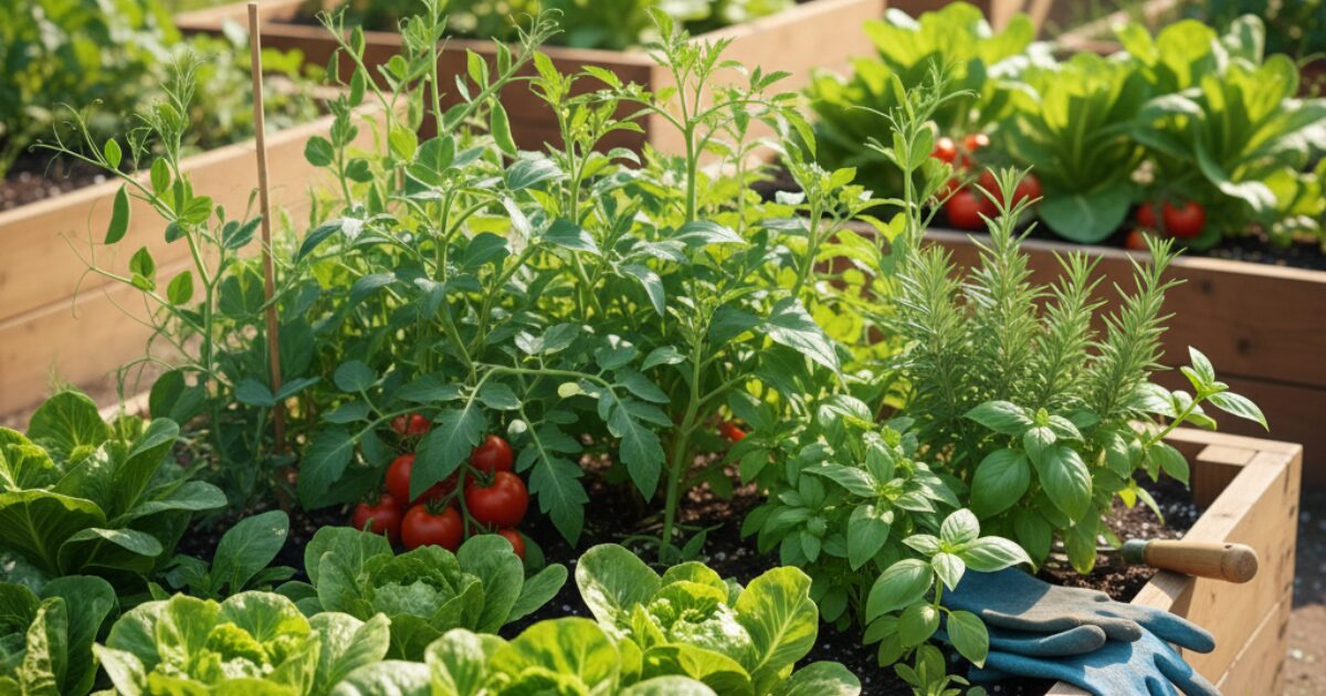 家庭菜園で野菜を祖当てている様子のイメージ図