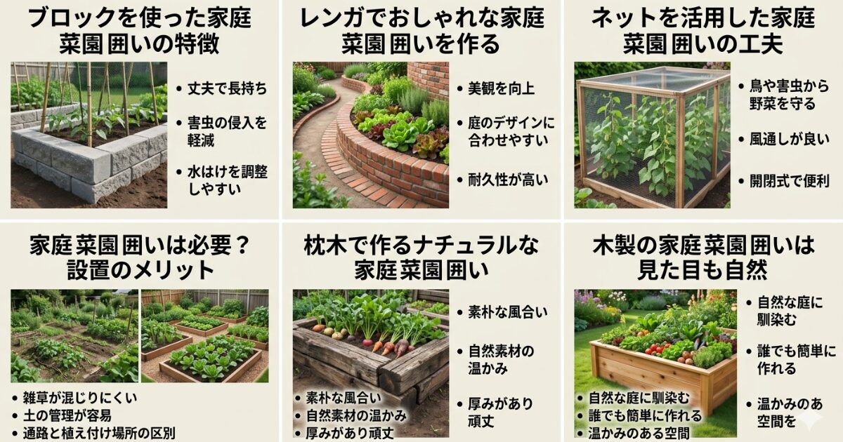 家庭菜園で囲いの素材別メリットと設置ポイントのイメージ図