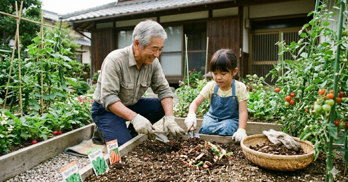 家族が家庭菜園しているイメージ図