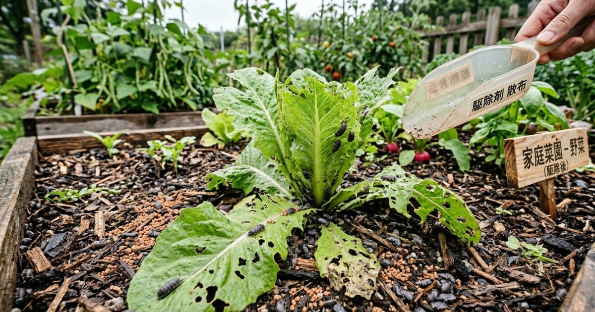 家庭菜園でダンゴムシをを駆除しているイメージ図