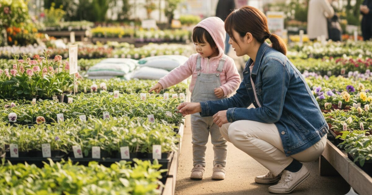店で苗を選んでいる親子