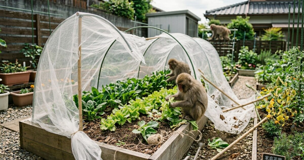 家庭菜園の野菜を猿に食べられ荒らされているイメージ図