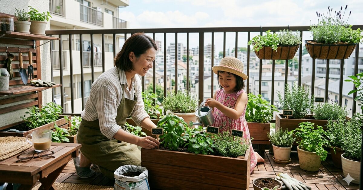 ハーブを栽培する親子のイメージ図