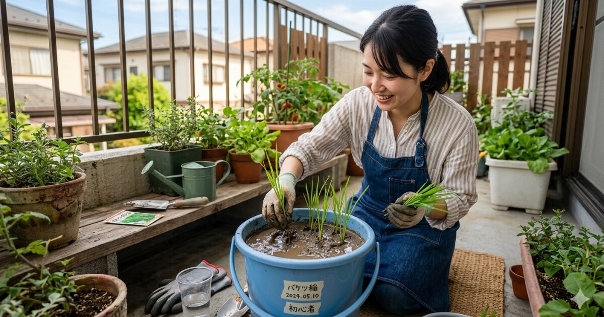 バケツで米作りしている女性のイメージ図