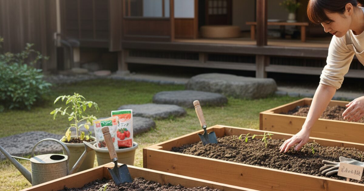 庭で家庭菜園をしている風景