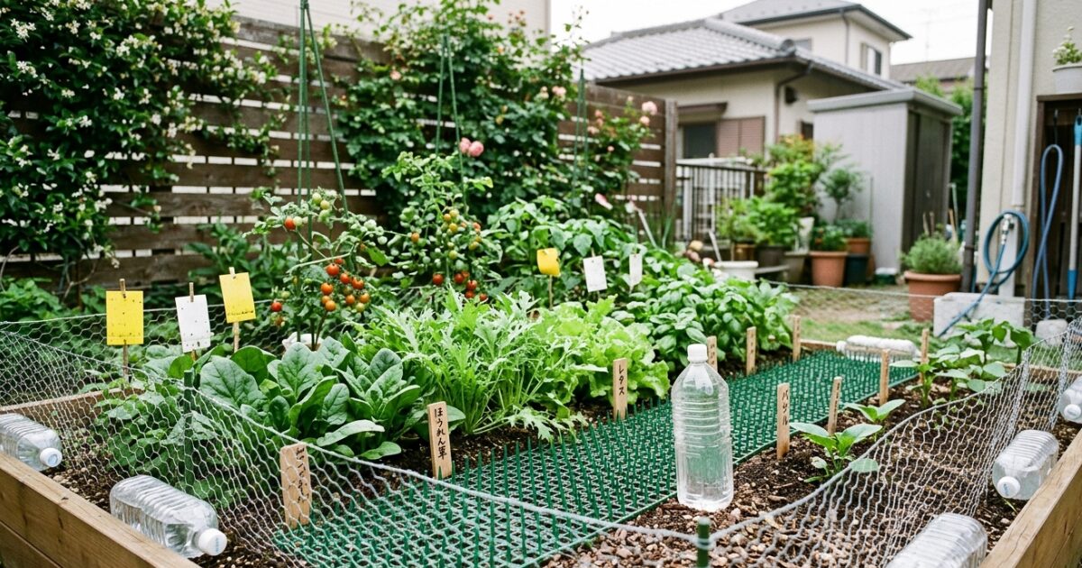 家庭菜園で猫除け対策された庭のイメージ図
