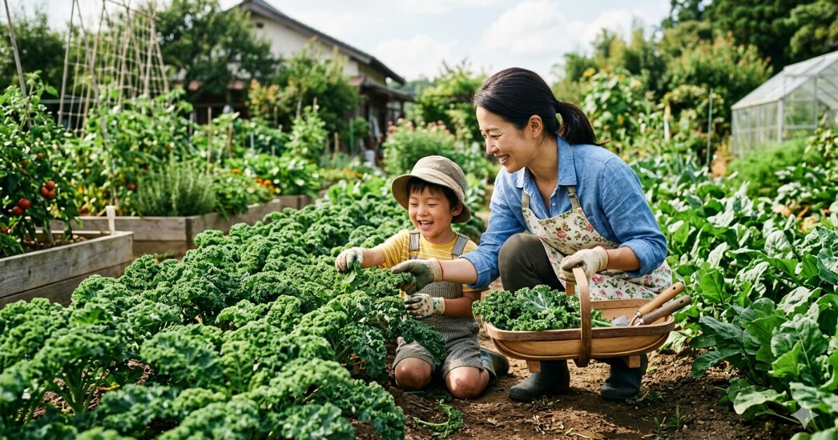 ケールを栽培している親子のイメージ図