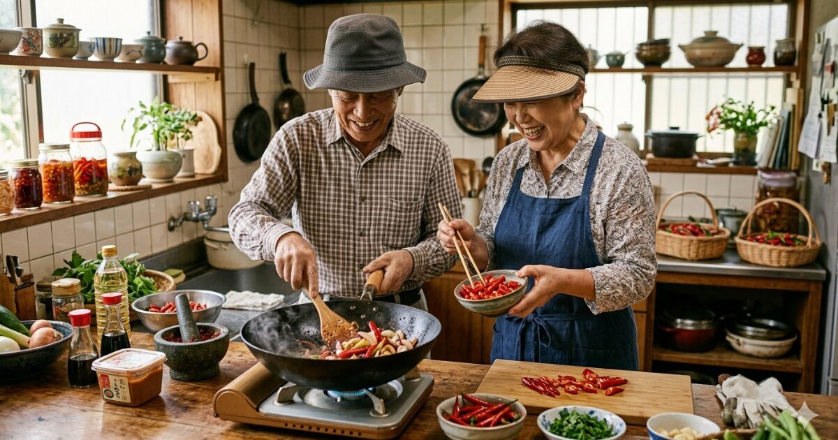 唐辛子料理を作っている夫婦のイメージ図
