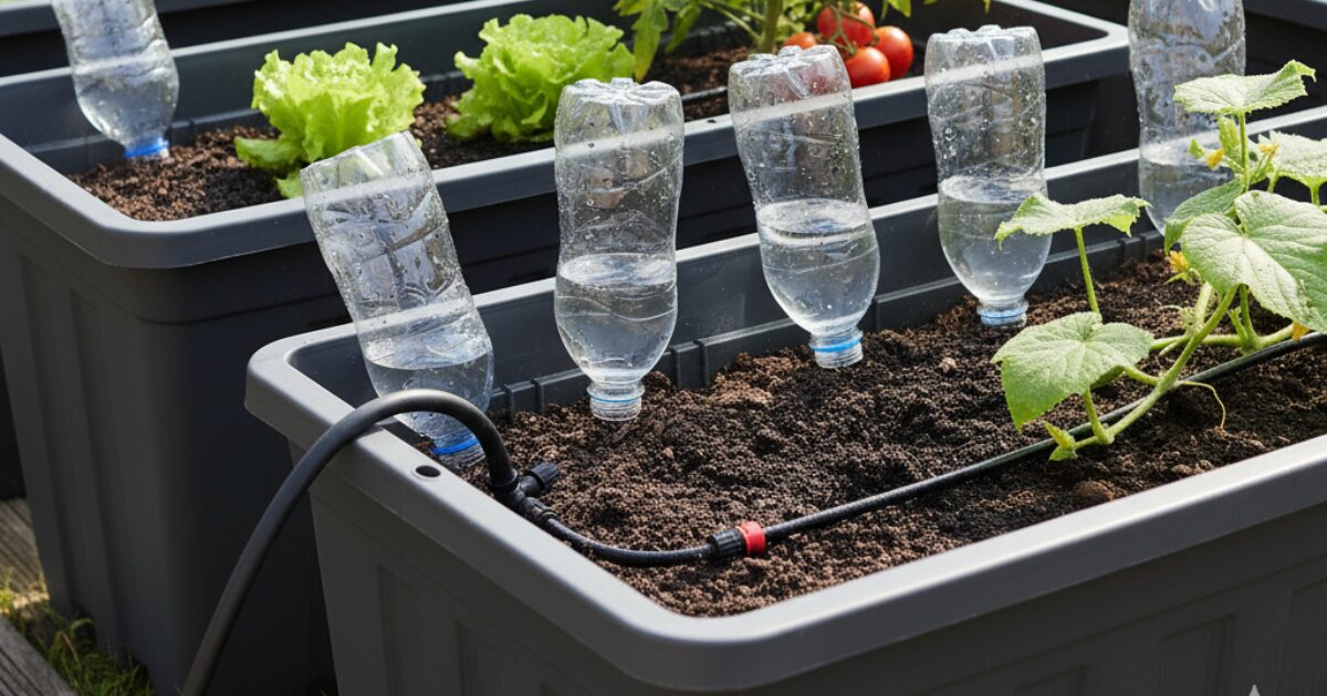 ペッっとボトルで作った自動水やり機で、プランターに差し込んで水やりしているイメージ図