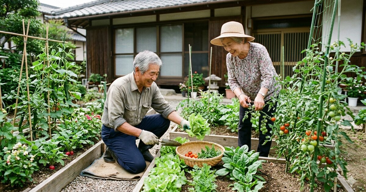 夫婦で一坪の家庭菜園をしているイメージ図