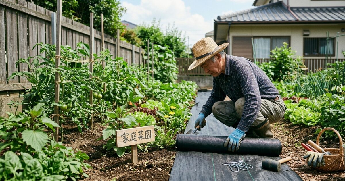 家庭菜園で防草シートを張っている男性のイメージ図