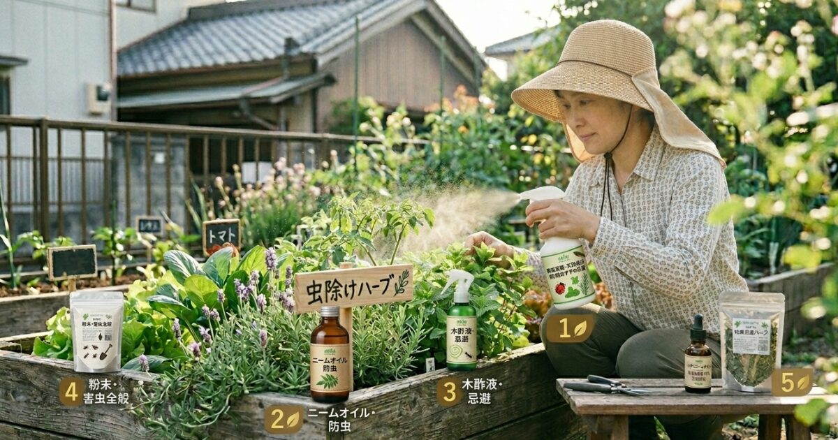 天然ハーブの虫除けで家庭菜園しているイメージ図