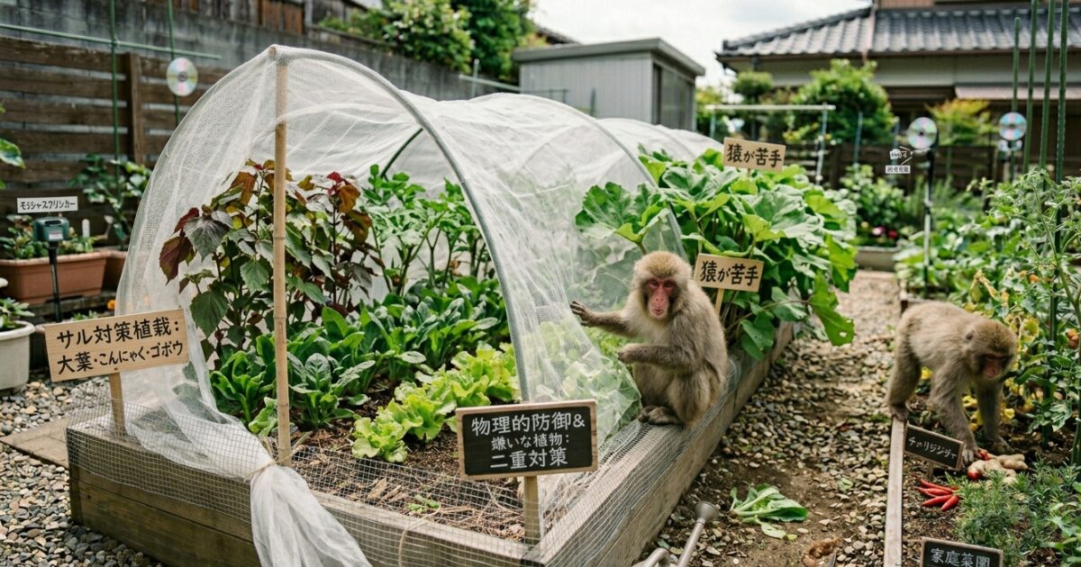 家庭菜園をしている庭に猿が侵入しているイメージ図