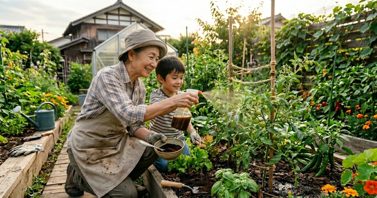家族で家庭菜園の防虫対策としてコーヒーでスプレーしているイメージ図