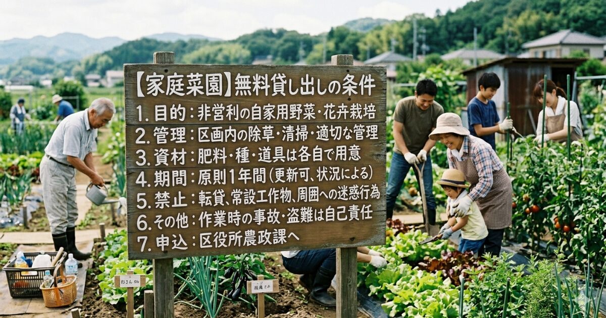 家庭菜園の土地を無料で借りる条件とは?自治体の市民農園利用ルールと初心者が知るべき防犯対策ガイドのイメージ図