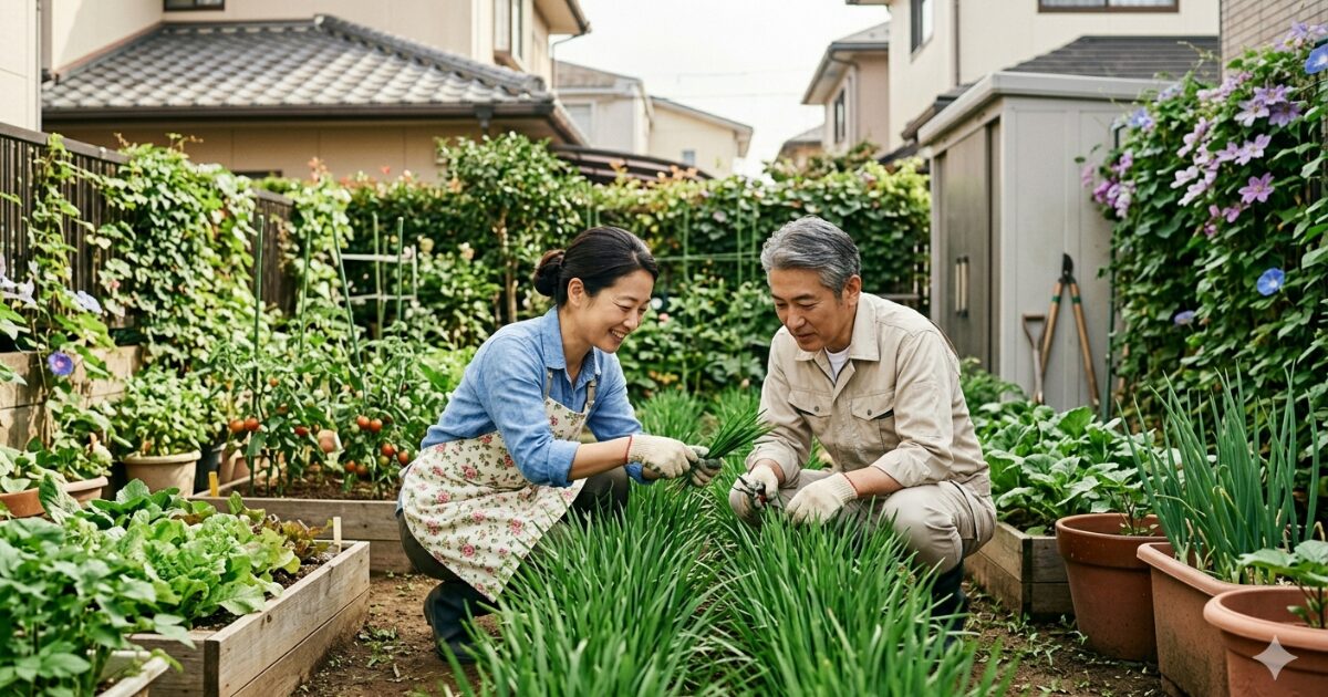 ニラを栽培している夫婦のイメージ図