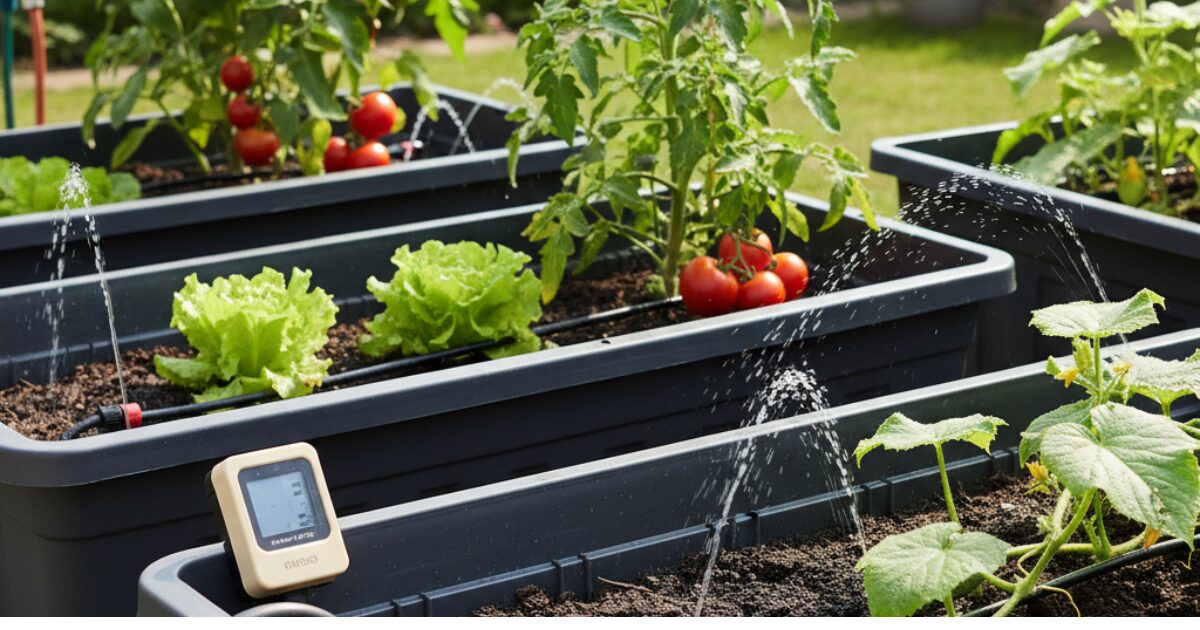 プランターに自動水やり機を設置して水やりをしている様子