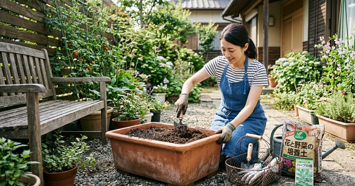 プランターで土作りをしている女性のイメージ図