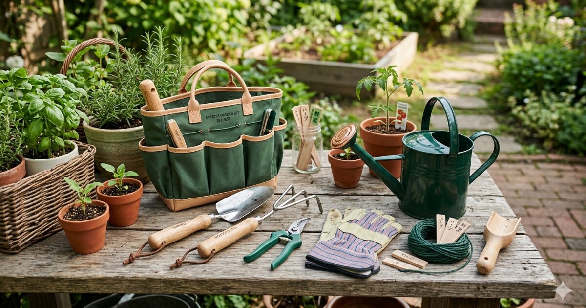 家庭菜園のスタートに！初心者必見のおすすめ道具セットと【土作り・植え付け・水やり】のイメージ図