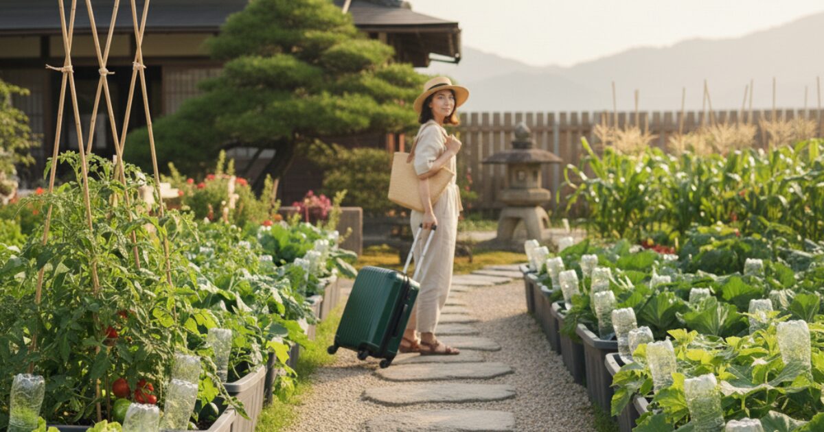 女性がキャリーバックをもって旅行に行く様子。女性の両サイドには家庭菜園をしている野菜に、自作のペットボトルを自動水やり機としてプランターに刺して」水やりしている風景の様子。