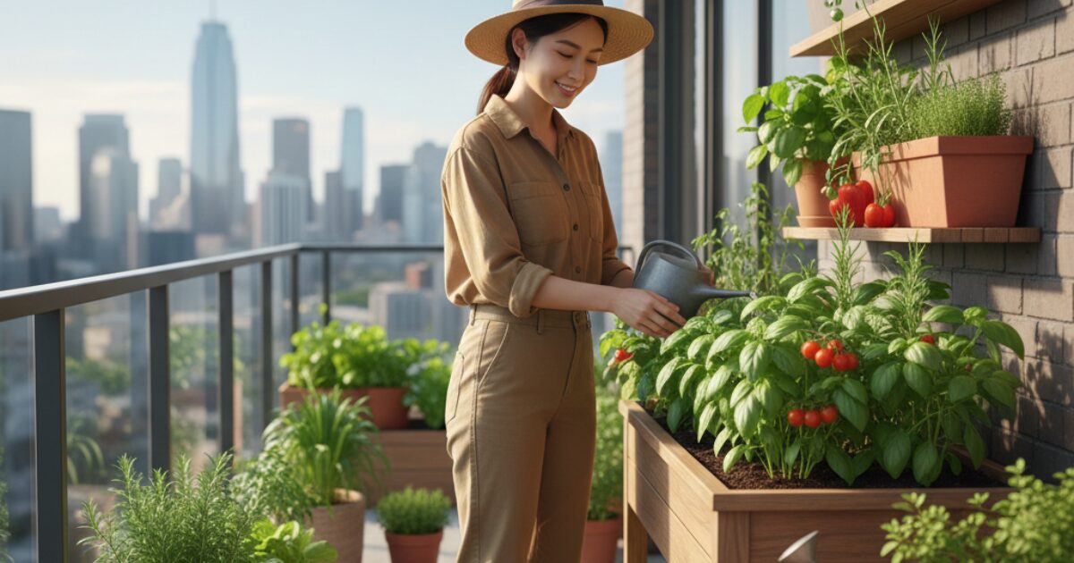 ベランダで女性が家庭菜園をしている