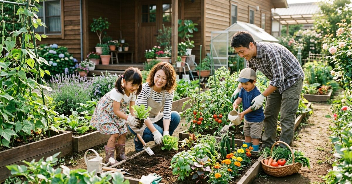 家庭菜園でガーデニングを楽しむ庭づくりの工夫のイメージ図