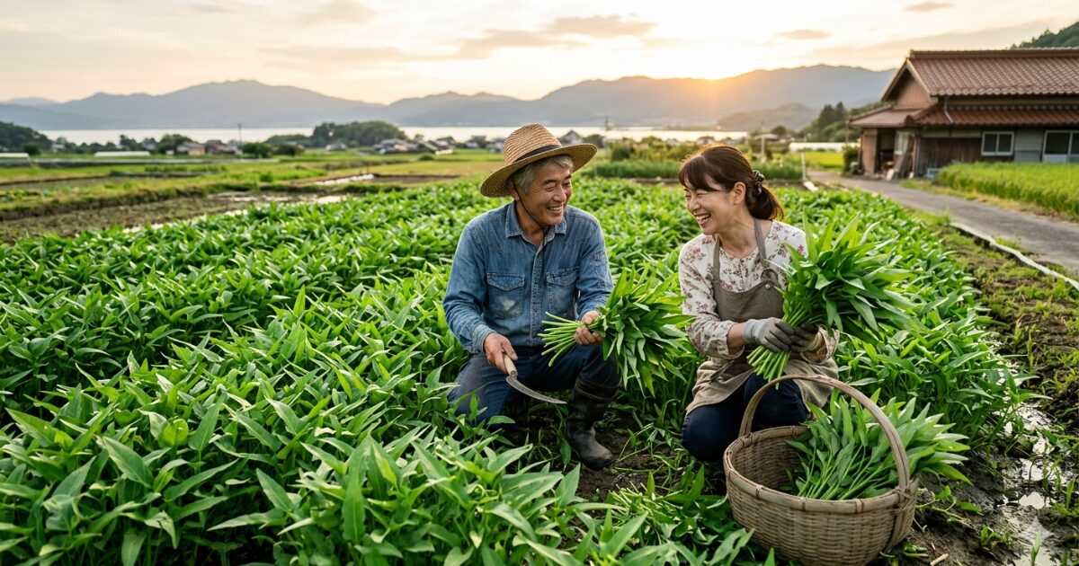 畑で空心菜を育てている夫婦のイメージ図
