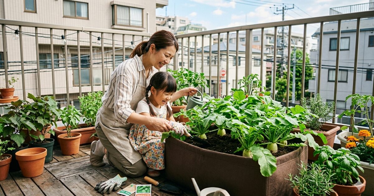 親子でベランダで大根を育てているイメージ図