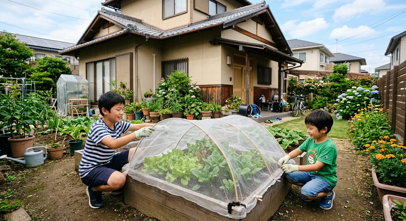 庭で家庭菜園をしている兄弟が防虫ネットをセットしているイメージ図