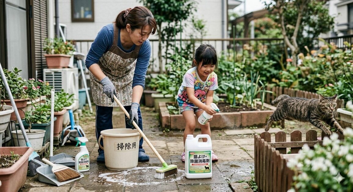 家庭菜園で猫のフン対策でキレイに清掃している親子のイメージ図