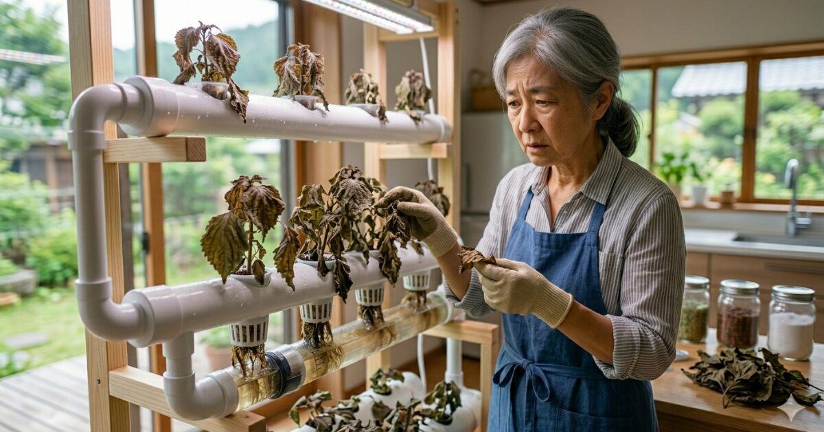 水耕栽培で大葉が枯れてしまったイメージ図