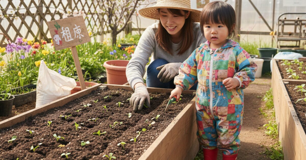 苗床を作成している母親と娘のイメージ図