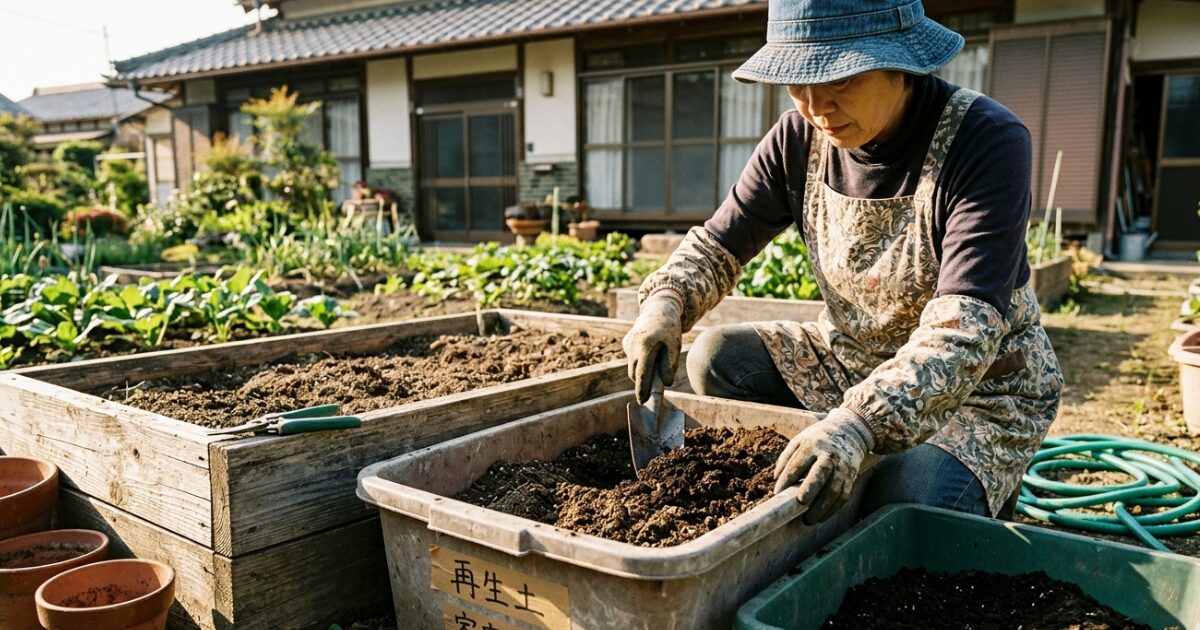 土の再利用をしているおばさんのイメージ図