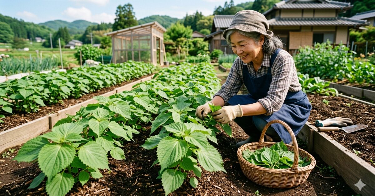 大葉の栽培をしている女性のイメージ図