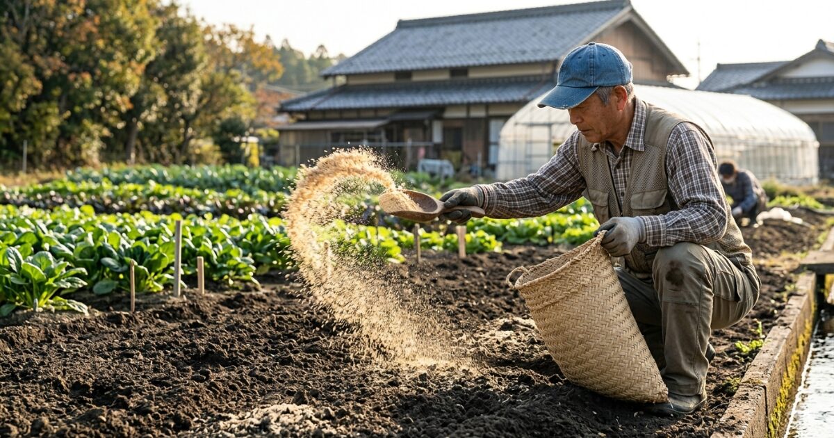 米ぬかを畑にまいているおじさんのイメージ図