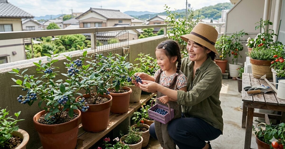 ベランダでブルーベリーを栽培している親子のイメージ図